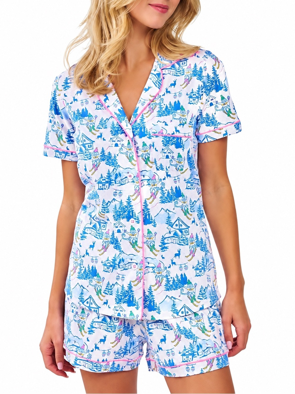 Roller Rabbit Ski Toile Polo Pajama Set Blue Pink Size Small NWOT